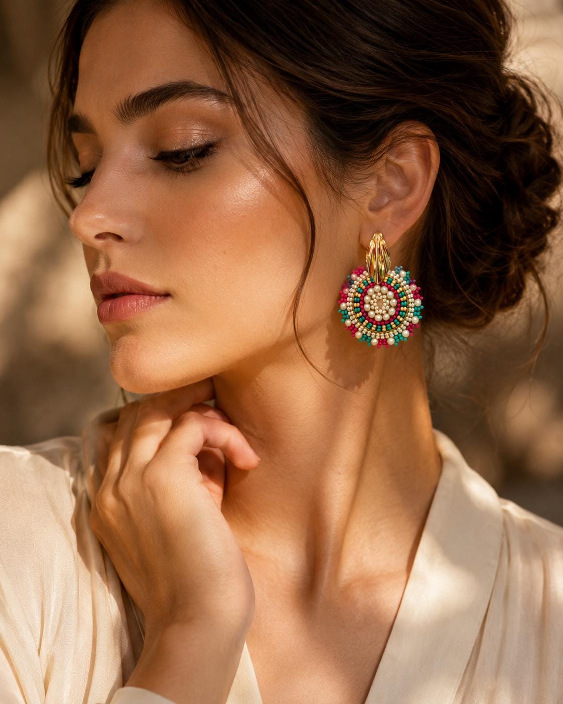 Handmade Colombian Beaded Hoop Earrings, Round Fashion Jewelry