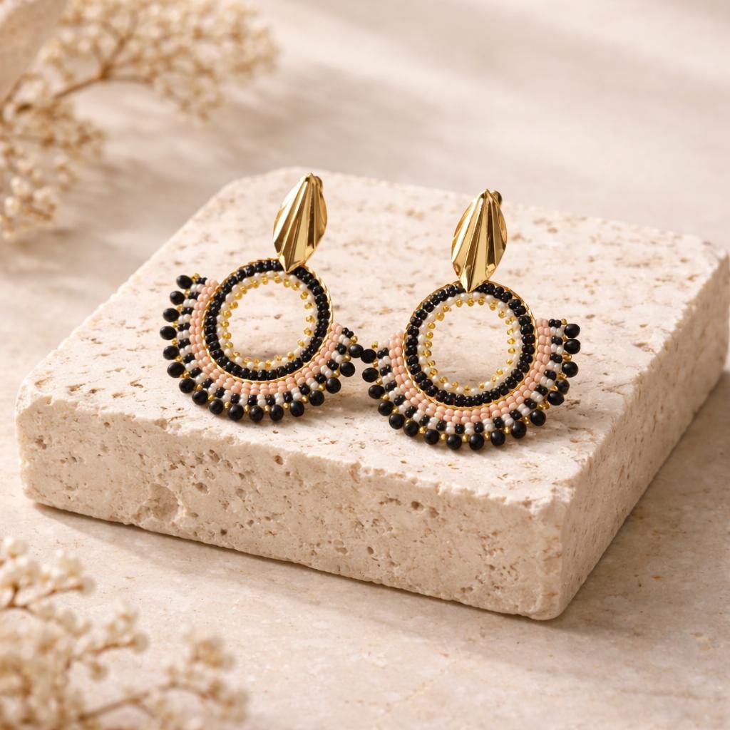Handmade Colombian Beaded Hoop Earrings, Round Fashion Jewelry