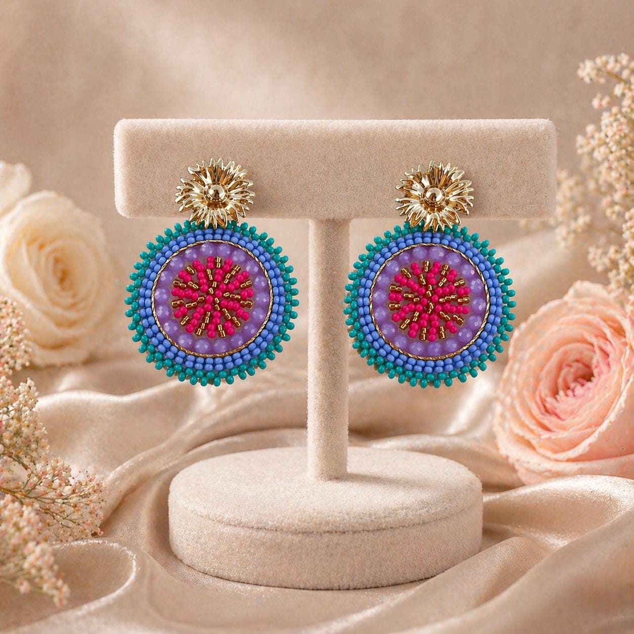 Handmade Colombian Beaded Hoop Earrings, Round Fashion Jewelry
