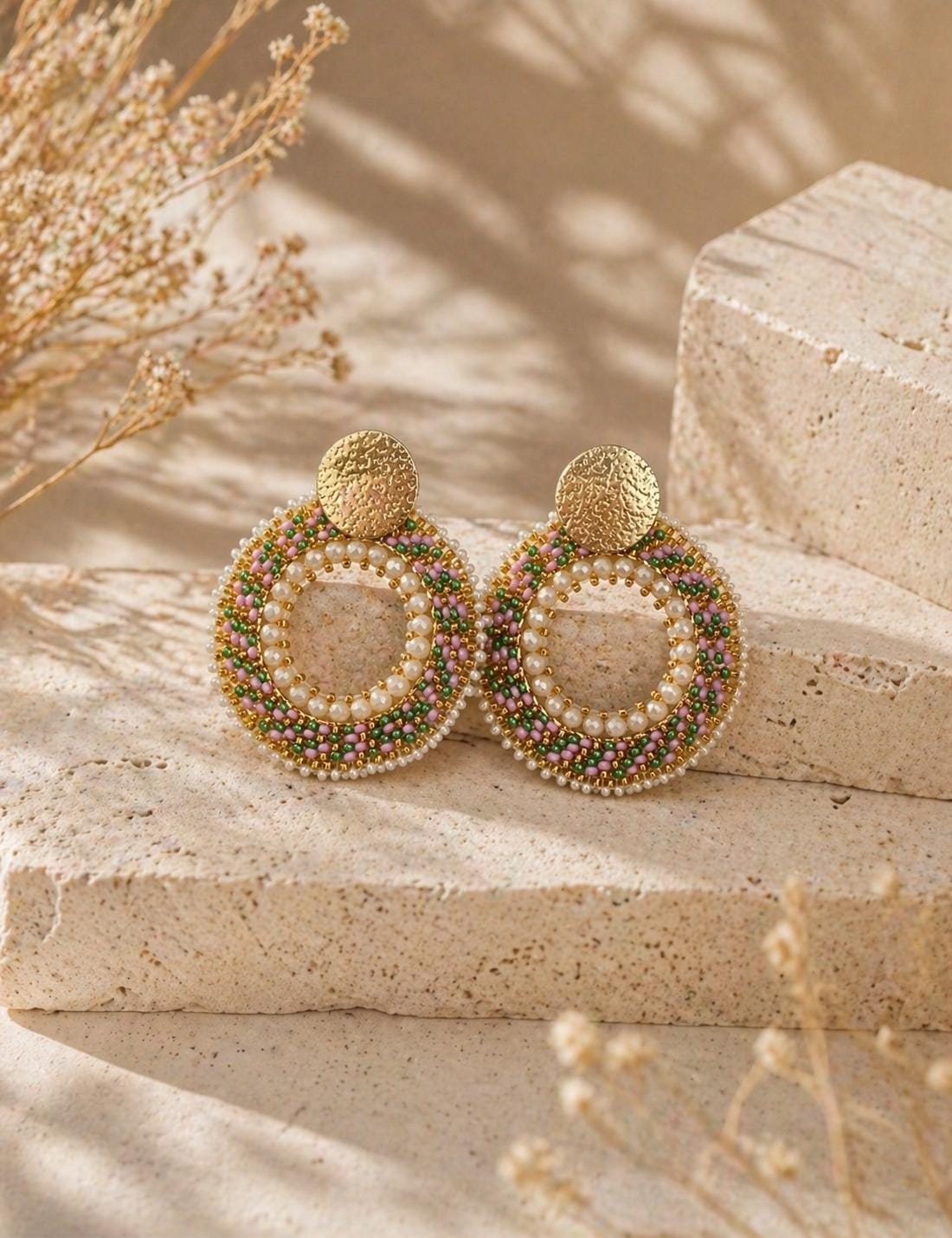 Handmade Colombian Beaded Hoop Earrings, Round Fashion Jewelry