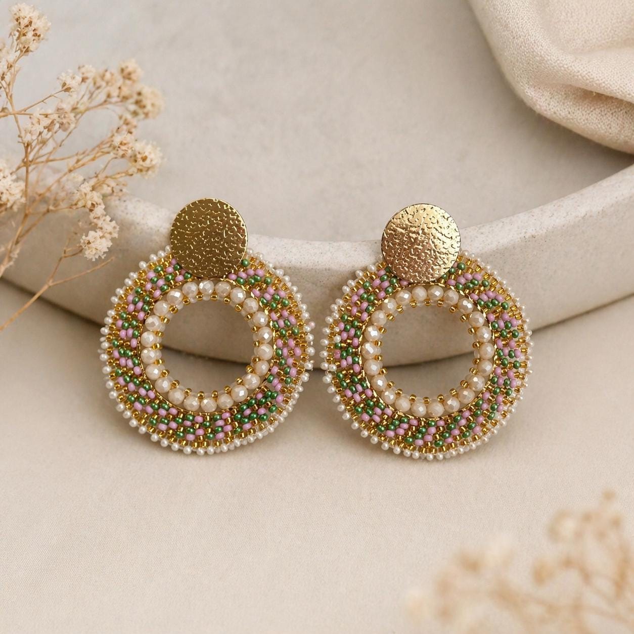 Handmade Colombian Beaded Hoop Earrings, Round Fashion Jewelry