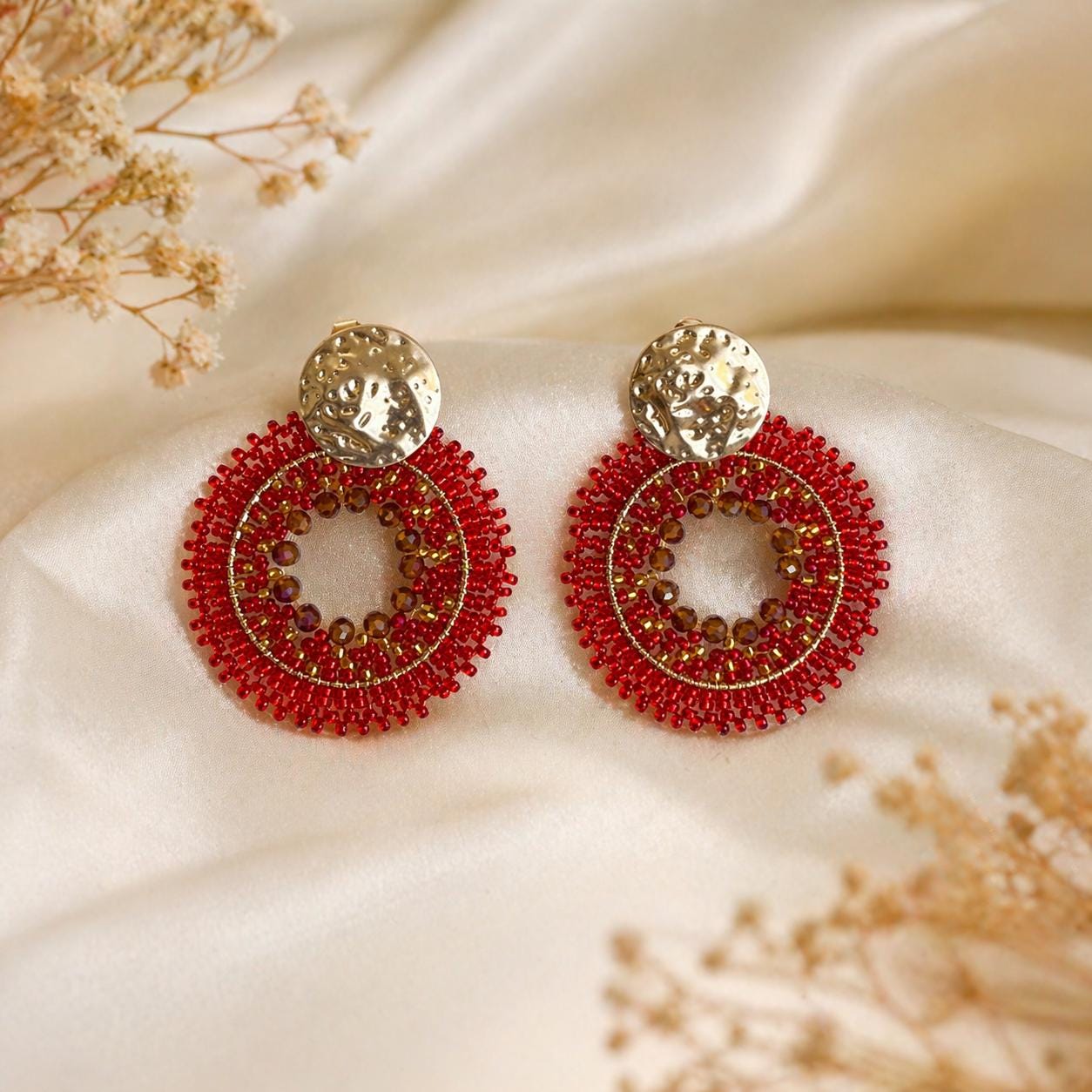Handmade Colombian Beaded Hoop Earrings, Round Fashion Jewelry