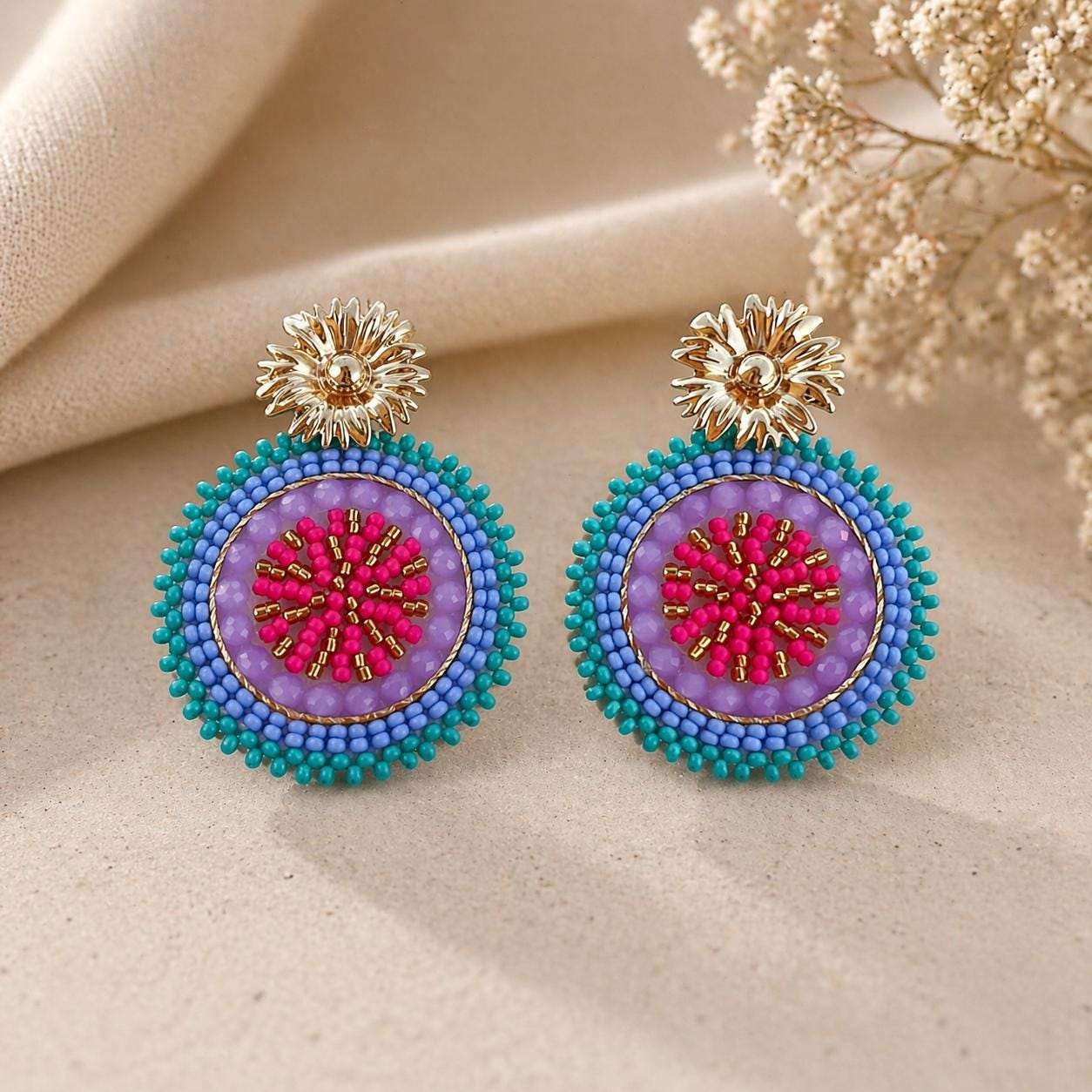 Handmade Colombian Beaded Hoop Earrings, Round Fashion Jewelry