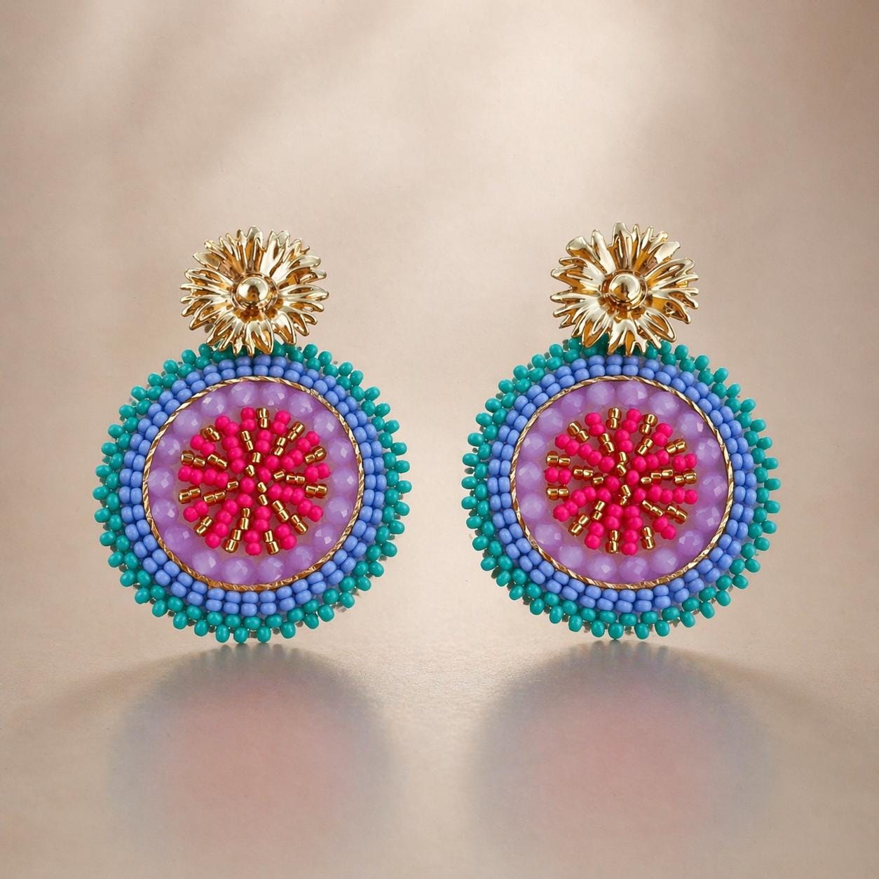 Handmade Colombian Beaded Hoop Earrings, Round Fashion Jewelry