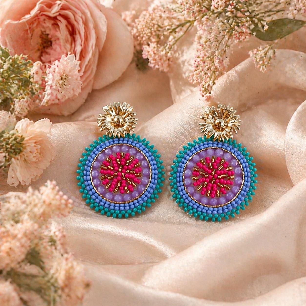 Handmade Colombian Beaded Hoop Earrings, Round Fashion Jewelry