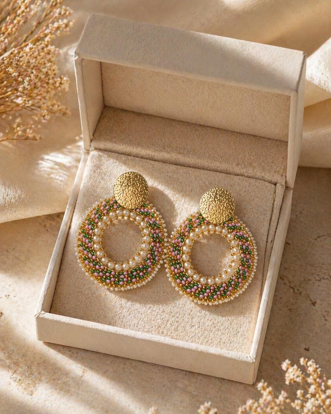 Handmade Colombian Beaded Hoop Earrings, Round Fashion Jewelry