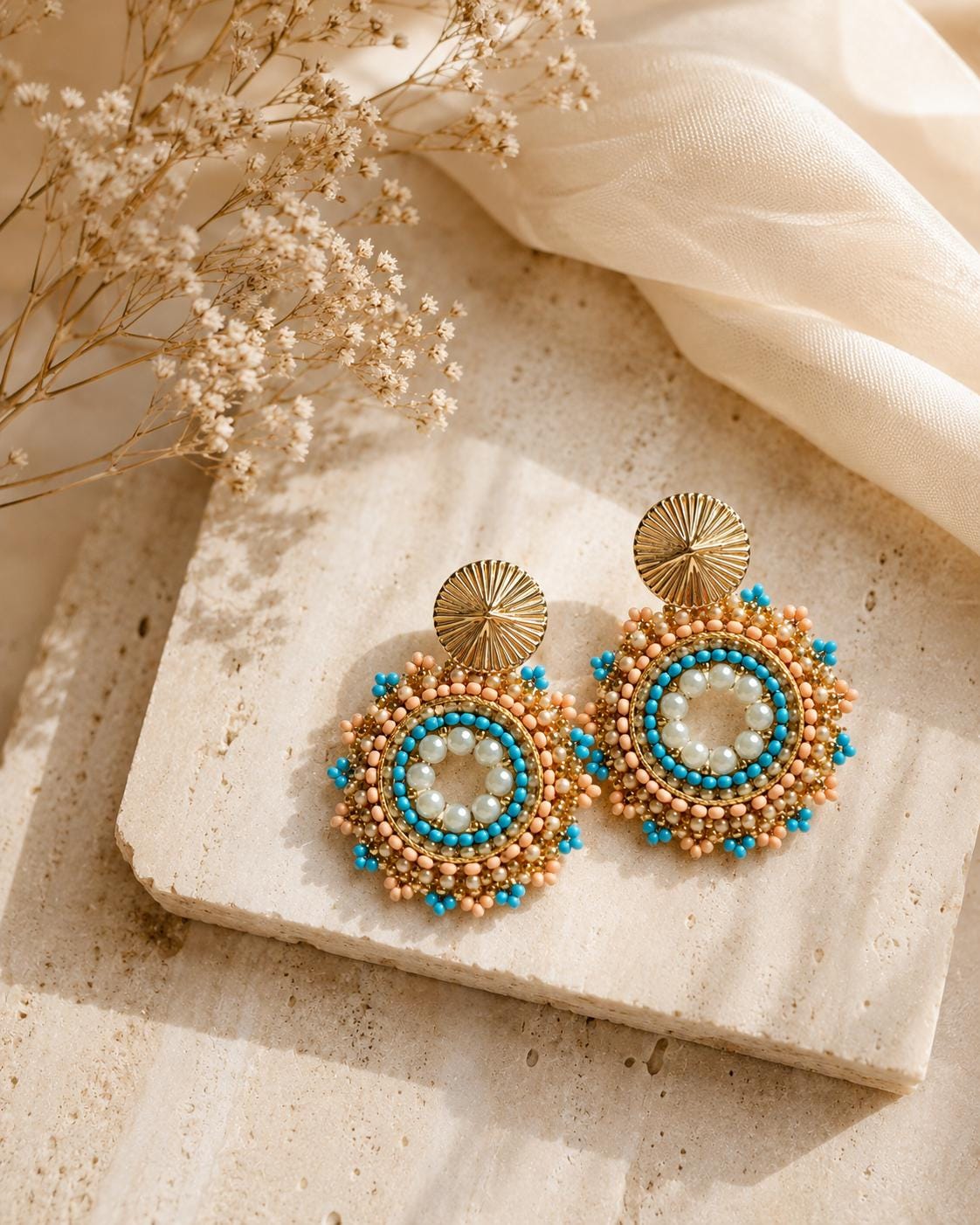 Handmade Colombian Beaded Hoop Earrings, Round Fashion Jewelry