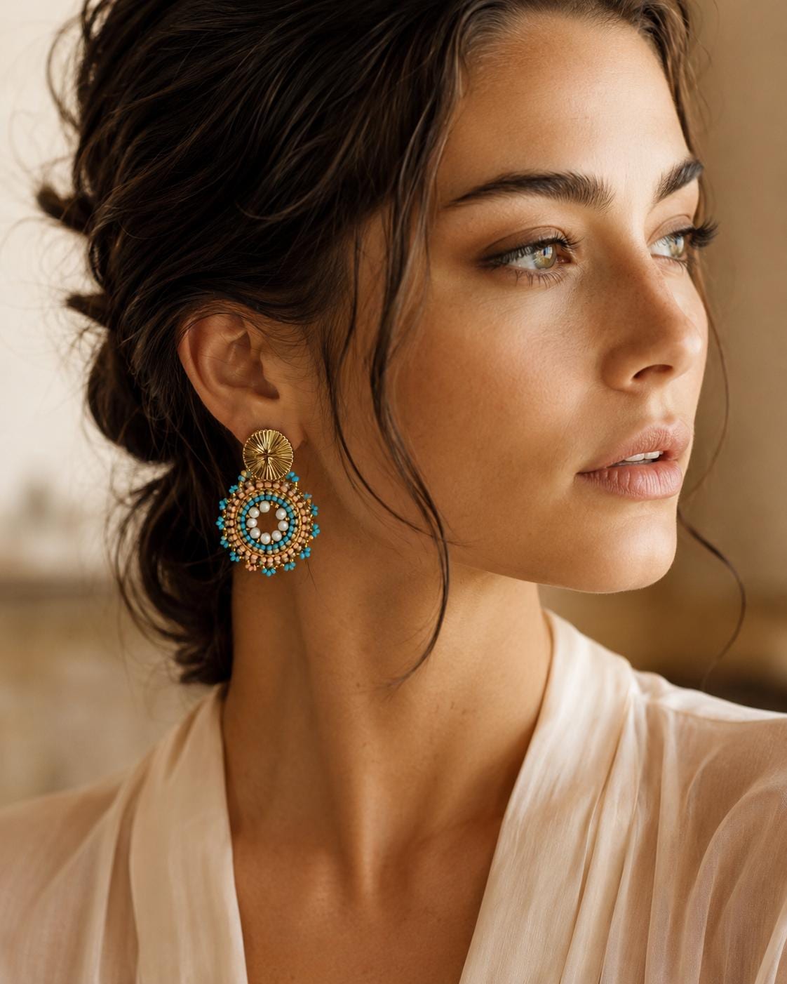 Handmade Colombian Beaded Hoop Earrings, Round Fashion Jewelry