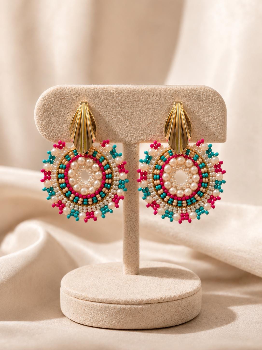 Handmade Colombian Beaded Hoop Earrings, Round Fashion Jewelry