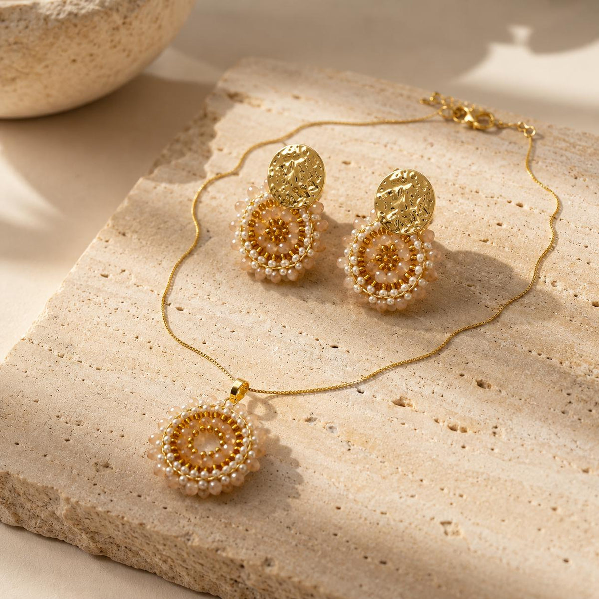 Turquoise and Gold Beaded Jewelry Set, Handmade Colombian Necklace and Earrings.