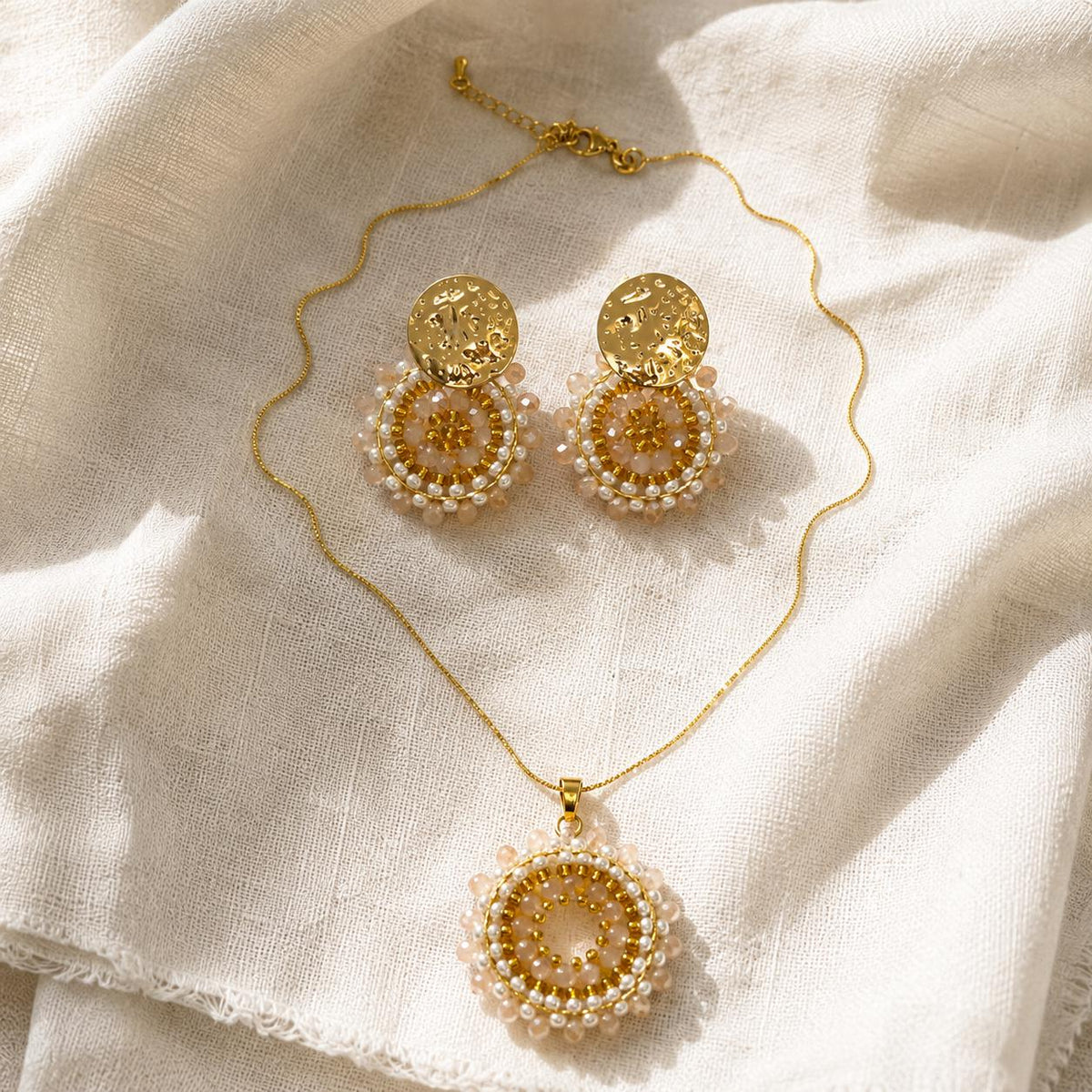Turquoise and Gold Beaded Jewelry Set, Handmade Colombian Necklace and Earrings.