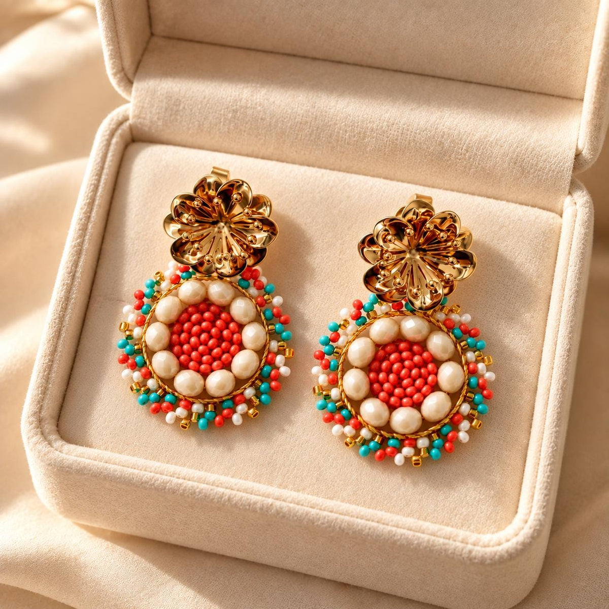 Handmade Colombian Beaded Hoop Earrings, Round Fashion Jewelry