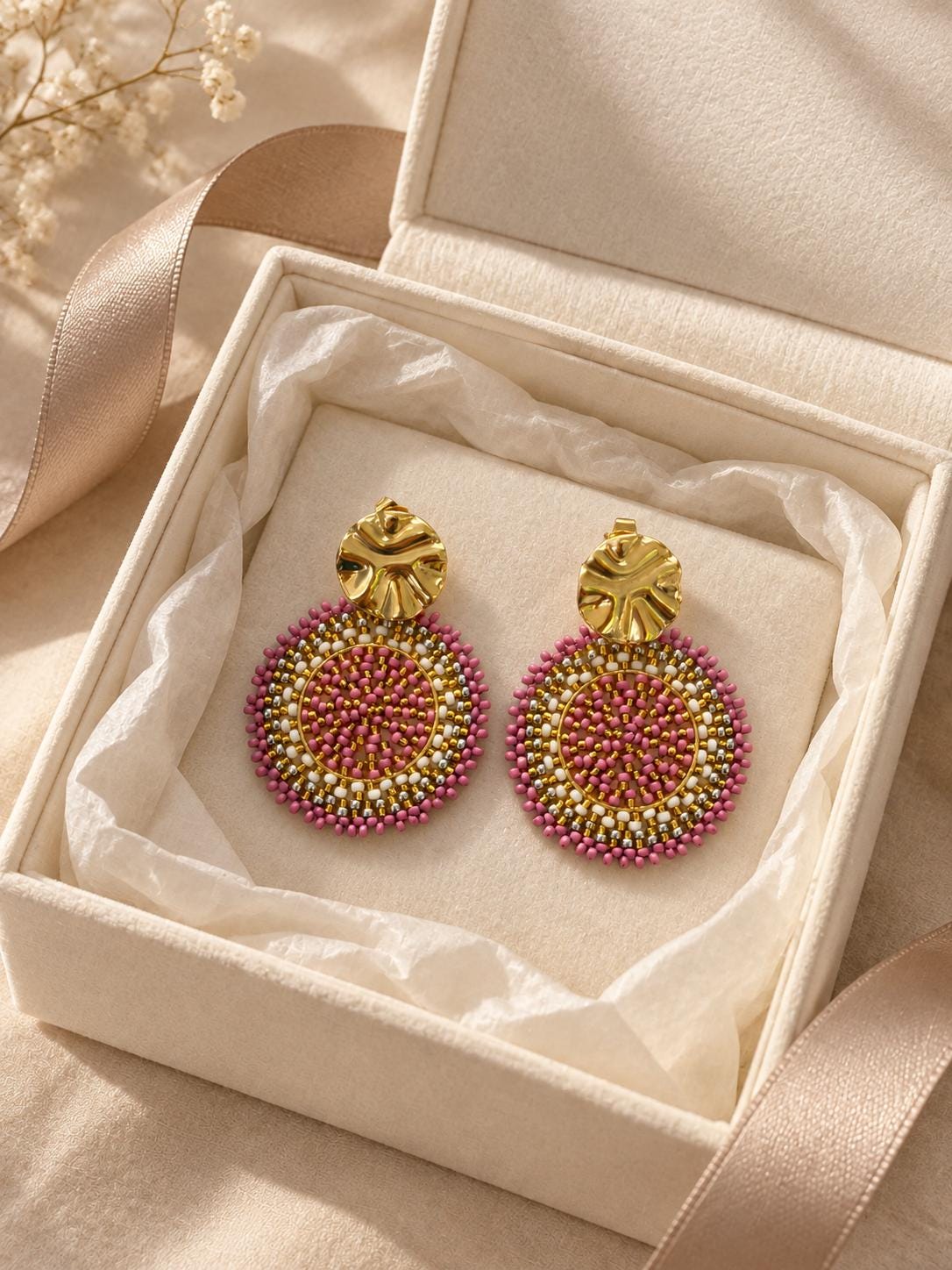 Handmade Colombian Beaded Hoop Earrings, Round Fashion Jewelry