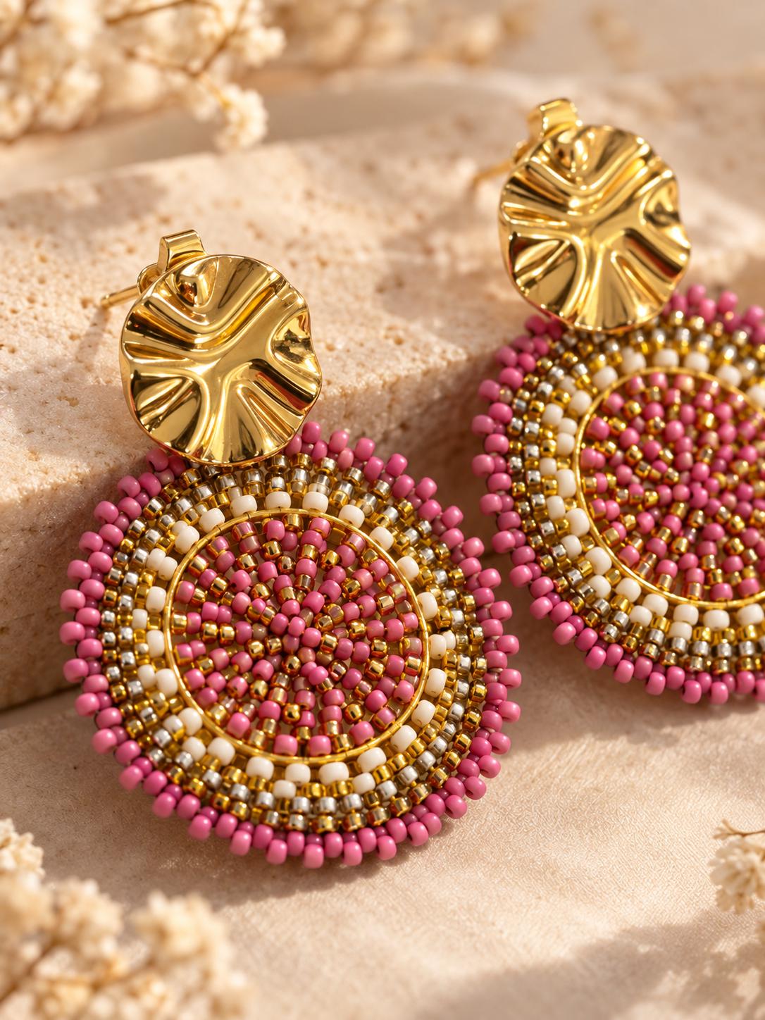 Handmade Colombian Beaded Hoop Earrings, Round Fashion Jewelry